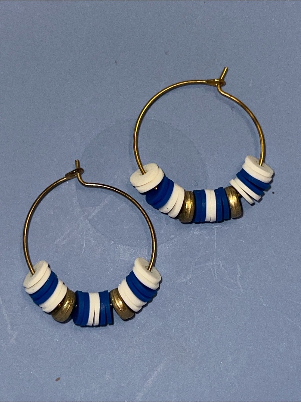 Gold Hoop Earrings with Blue, White & Gold Beads - Women Jewelry